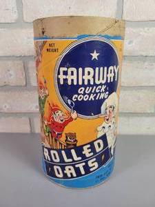 lot 245 image: Vintage FAIRWAY Rolled Oats Container - Twin City Wholesale Grocer Co. St. Paul, MN