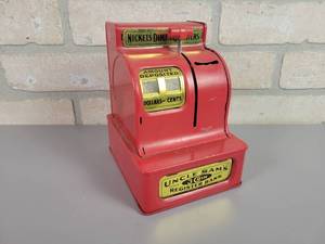 lot 244 image: Vintage Tin Uncle Sams 3-Coin Register Coin Bank