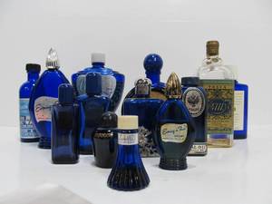 lot 63 image: Collection of Vintage Cobalt Blue etc Glass Perfume & Cologne Bottles