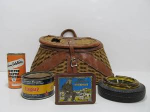 lot 9 image: Vintage Fishing Creel & Old Advertising Items