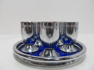 lot 27 image: &nbspSet of Orig 1930s Signed CHASE Deco Cobalt Blue Glass & Chrome Tray wChrome Cups