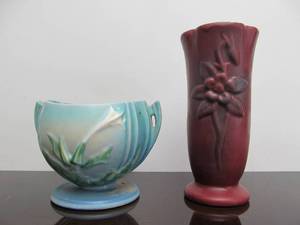 lot 137 image: 2 Vintage Art Pottery Vases - Roseville & Van Briggle (AS IS)
