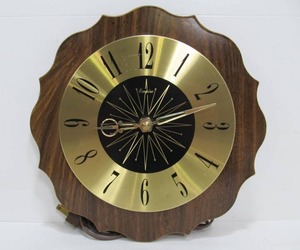 lot 201 image: Brass on Wood Mid Century Atomic Style Kitchen Wall Clock