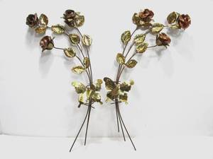 lot 217 image: Pair of Mid Century Style Brass and Copper Rose & Butterfly Wall Sculpture 20