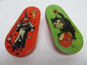lot 174 image: 2 Vintage HALLOWEEN Metal T. Cohn Noisemakers 