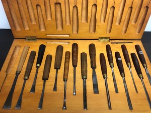 lot 3 image: Wonderful Set of Vintage Woodworking Chisels in Custom Carved Wood Case #1