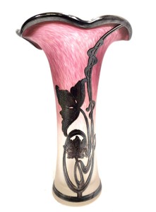 lot 284 image: Signed Sterling Silver Overlay Art Glass Vase