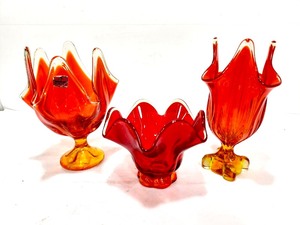 lot 296 image: Group of Mid Century VIKING Flambe RedOrange Art Glass Vases or Candy Dishes