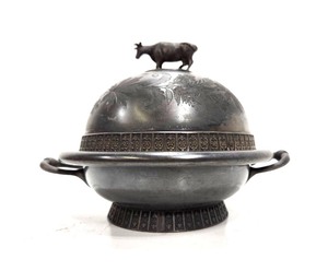 lot 308 image: Ornate Antique Silver Plater Dome Top Butter Dish wCow Finial