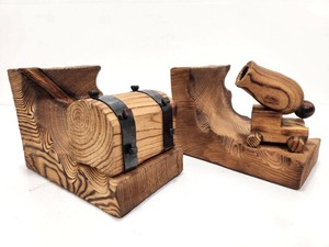 lot 310 image: Large Vintage Carved Wooden Pirate Style Bookend Set wCannon & Treasure Chest