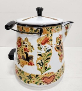 lot 311 image: Vintage Swedish Folk Art Style Enamelware Pitcher wLid
