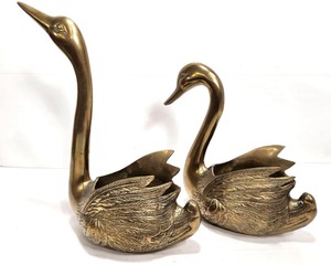 lot 318 image: Large Vintage Sculptural Brass Swan Planters