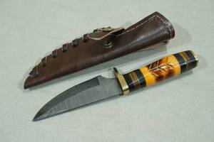 lot 80 image: Damascus Style Blade Hunting Knife with Carved Handle