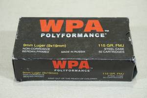lot 151 image: 50 WPA Polyformance 9mm Luger 115 Gr FMJ Steel Case Ammo