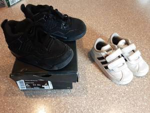 2-Pair Childrens Sneakers Black Jordan Size 8, White Adidas Size 7