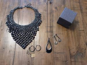 Beaded Bib Style Necklace, Pair Of Hoop Earrings, 18 Chain With Charm & Earrings Set (Sleek Gun Metal Finish)