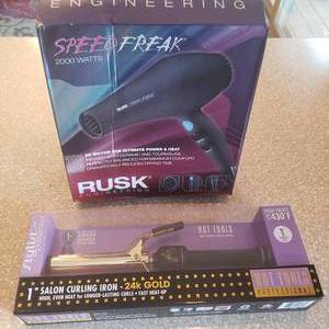 New In Box Rusk Speed Freak Hair Dryer ($144.00 On Amazon), Hot Tools 24K Gold Professional 1 Curling Iron