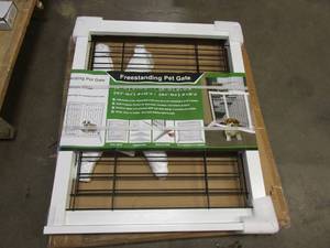 lot 59 image: Freestanding Pet Gate Adjustable Width 30 in - 53 in in White with Black Grates (OPEN BOX)