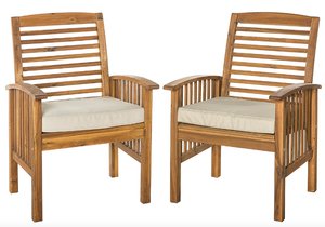 lot 44 image: Walker Edison Rendezvous Modern 2 Piece Solid Acacia Wood Slat Back Outdoor Dining Chairs, Set of 2 (OPEN BOX)