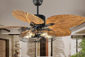 lot 98 image: 52 in Industrial Cage Ceiling Fan with Palm Tree Blades in Black Finish (OPEN BOX)