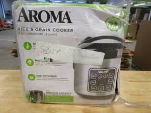 lot 89 image: Aroma 2 Quart Rice & Grain Cooker in Stainless Steel & Black (OPEN BOX)