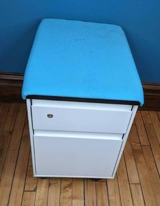 lot 32 image: 2-Drawer Mobile Pedestal File Cabinet with Blue Cushion