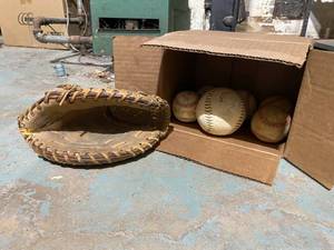 lot 24 image: Vintage Holiday Baseball Glove and Balls