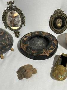 lot 99 image: Antique Decor Items Mini Framed Mirror, EA Riba CO Image, and More