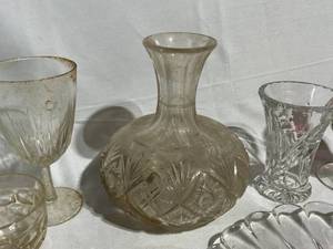 lot 102 image: Vintage Cut Glass Heart Vase, Teacups, Platters, and More