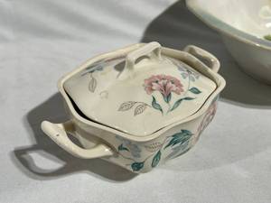 lot 105 image: Floral Dishes and Pink Depression Glass