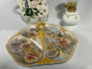 lot 108 image: White and Floral Oil Lamp, Ceramic Vase, and Platter