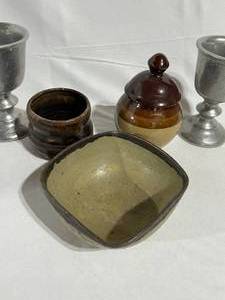 lot 111 image: Antique Pottery and Metal Pedestal Glasses