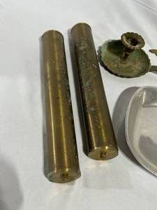 lot 143 image: Greens Silver-Colored Platter, Grandfather Clock Weights, Candlestick Holders