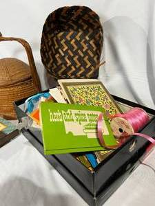 lot 145 image: Gift Basket Lot Vintage Baskets, Thank You Cards, Ribbon