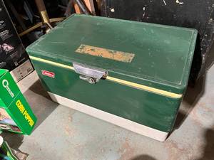 lot 176 image: Vintage Green Coleman Cooler, Corn Popper, Pressure Cooker, and More