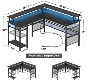 lot 49 image: Unikito Black L Shaped Desk with LED Strip and Power Outlets