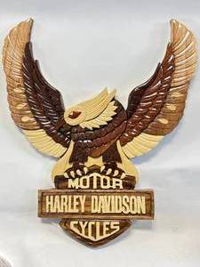 lot 43 image: Custom Made Mahogany Harley Davidson Sign 17 Inch Tall