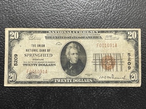 $20 Dollar Union National Bank of Springfield Low Serial Number