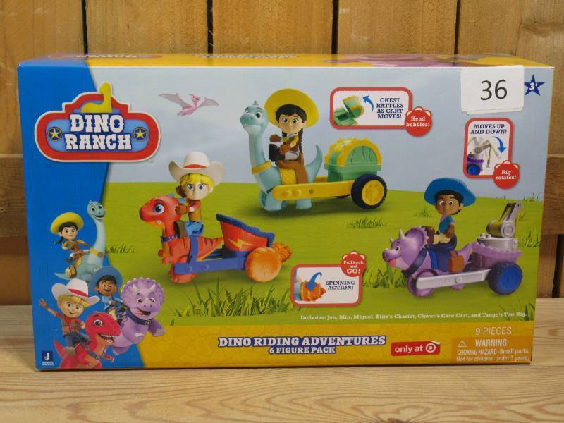 lot 33 image: Dino Ranch 6-Figure Pack - Jon and Blitz, Min and Clover, Miguel and Tango - Three 3 Dino Ranchers and Three 4 Dinos, Plus Fence Pieces - Toys for Kids Featuring Your Favorite Pre-Westoric Ranchers