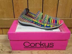 lot 48 image: Corkys Featherlite Float Woven Elastic Memory Foam Peep Toe Sandals, Womens Size 6  Bright Multi