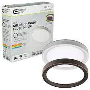 lot 181 image: Commercial Electric  9 inch Color Selectable LED Flush Mount w Night Light Feature Optional White and Oil Rubbed Bronze Trim Rings