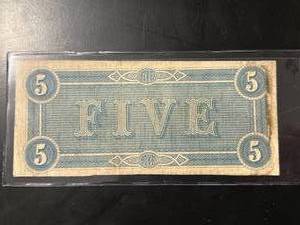 lot 14 image: Genuine Confederate 1864 $5 Bill