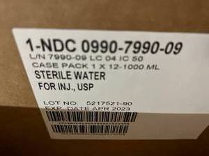 lot 12 image: MSRP $7800  36 cases ICU Medical&nbspSterile Water For Injection ICU Solution Bags - 12 per case(1000 ml bags) Expiration Date 0423