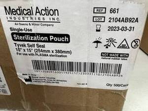 lot 14 image: MSRP $650  1 case - Medical Action Industries Self Seal Sterilization Pouches - Tyvek Ethylene Oxide (EO) Gas  Steam 10 X 15 Inch Transparent , White (500 per case) Expiration 323 