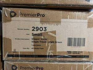 lot 16 image: MSRP $1250  22 cases Premier Pro Slipper Socks Size Small Light Green Single Tread (1 pair per pack, 48 packs per case)