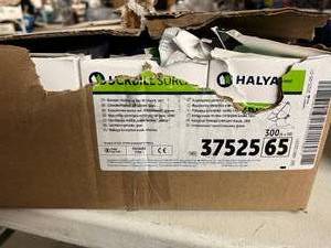 lot 18 image: MSRP $100  1 case&nbspHALYARD Duckbill Filter Surgical Mask (300 per case, 6 boxes and 50 items per box) Color Green Expiration 0525 - Box Has Damage