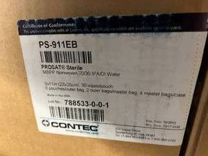 lot 23 image: MSRP $20,800  32 Cases&nbspContec PROSAT Sterile Theta&nbspPresaturated&nbspSurface Disinfectant Cleaner Cleanroom Wipes (28 pouchescase - 50pouch) Expiration 922