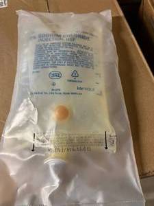 lot 28 image: MSRP $2500  28 Cases ICU Medical Replacement Preparation Sodium Chloride, Preservative Free 0.9% IV Solution Flexible Bags 1,000 mL (12 Bags Per Case) Expiration 224