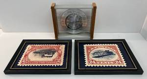 lot 101 image: Two Framed Stamp Prints And Vintage Shelf World Clock With United States Airforce Advertising (Works)