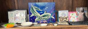 lot 122 image: Shelf Full Of Misc. Vintage Items Including Large Dolphin Tile 11 x 14 And More
